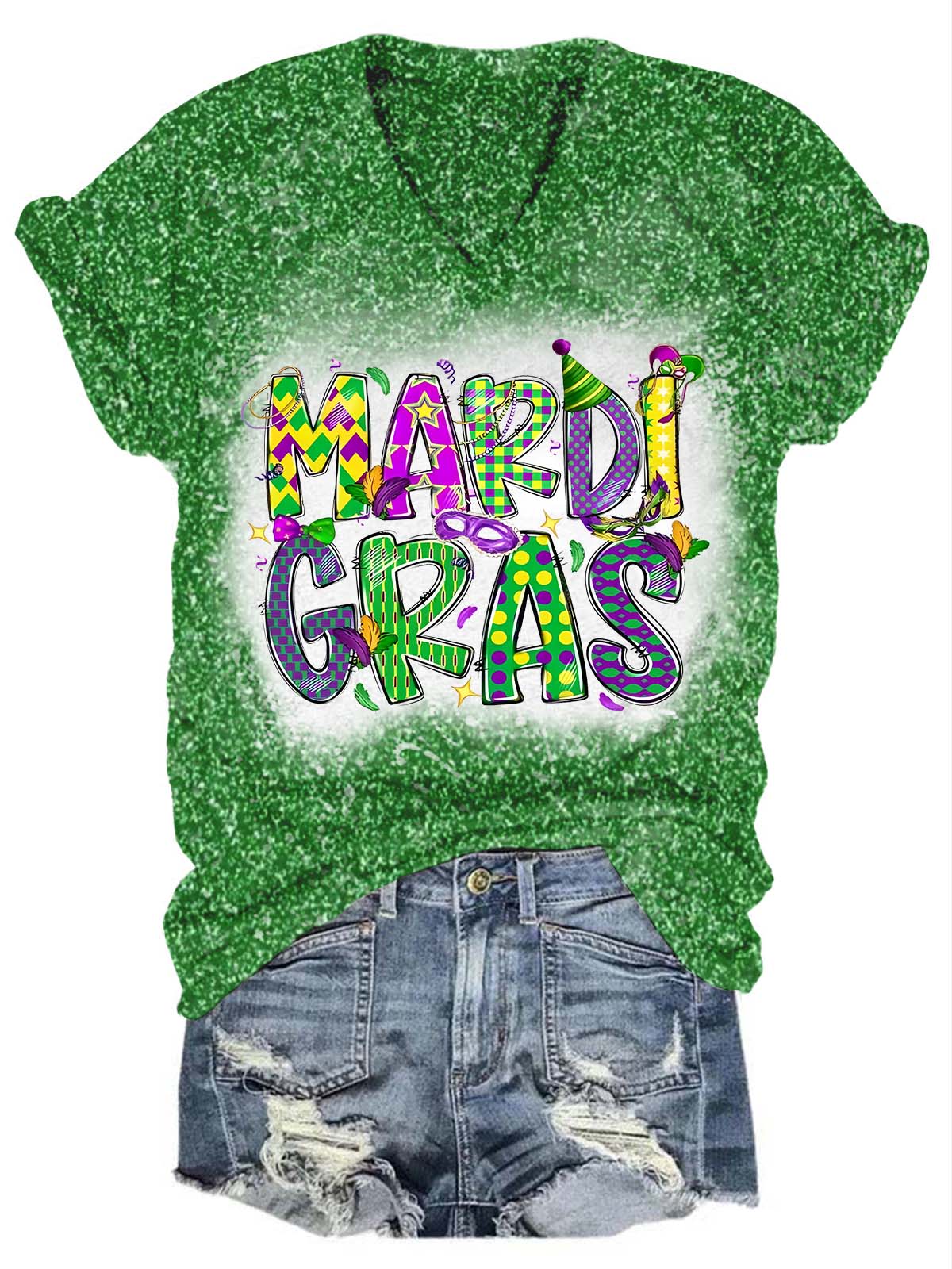 Happy Mardi Gras Glitter V-Neck Tee Green / S Mardi Gras