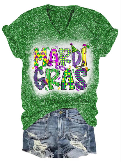 Happy Mardi Gras Glitter V-Neck Tee Green / S Mardi Gras