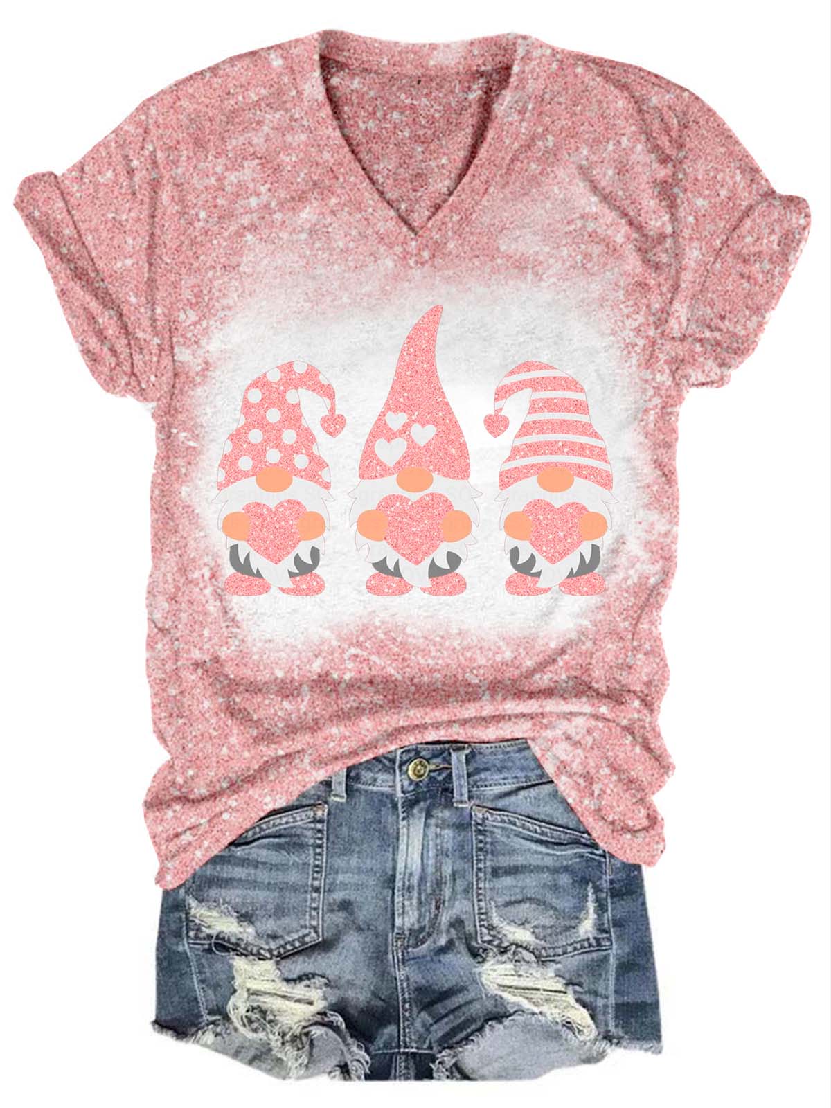 Valentine’s Glitter Gnome V-Neck T-Shirt Pink / S Saint Valentin