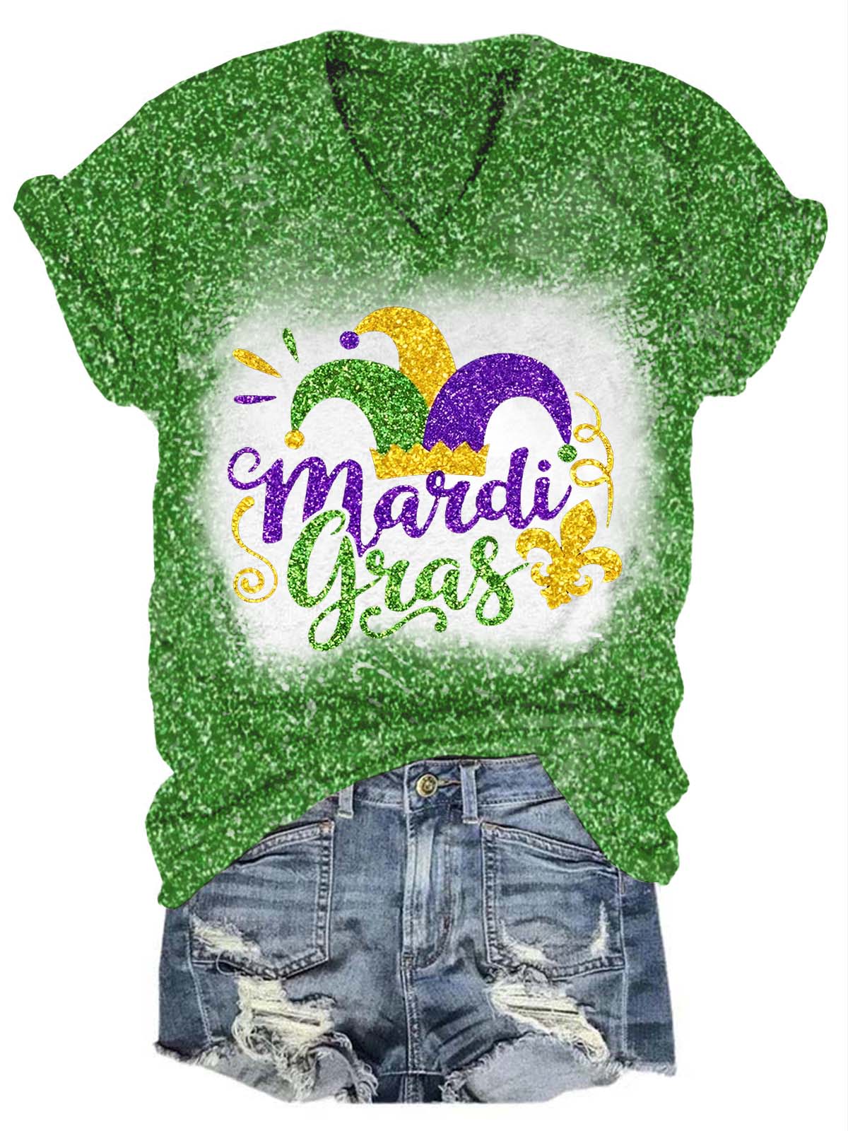 Mardi Gras Fat Tuesday Glitter V-Neck T-Shirt Green / S Mardi Gras