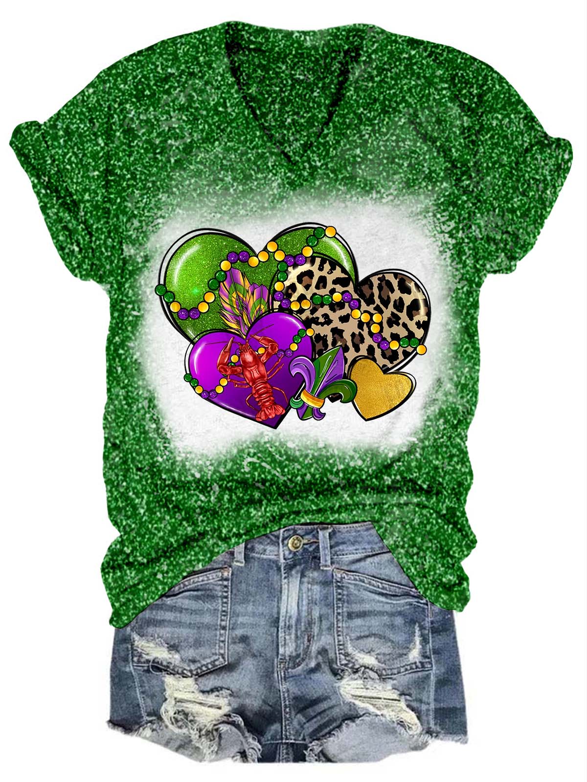 Heart Leopard Mardi Gras Glitter V-Neck T-Shirt Green / S Mardi Gras