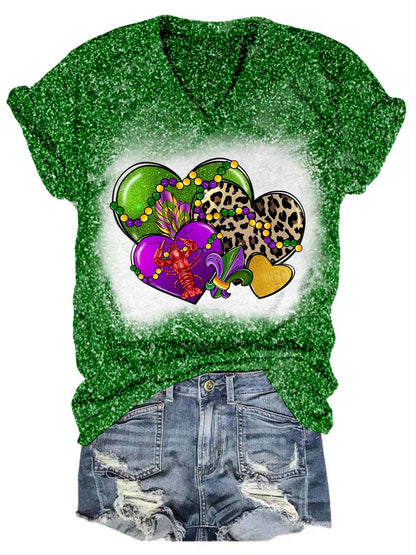 Heart Leopard Mardi Gras Glitter V-Neck T-Shirt Green / S Mardi Gras