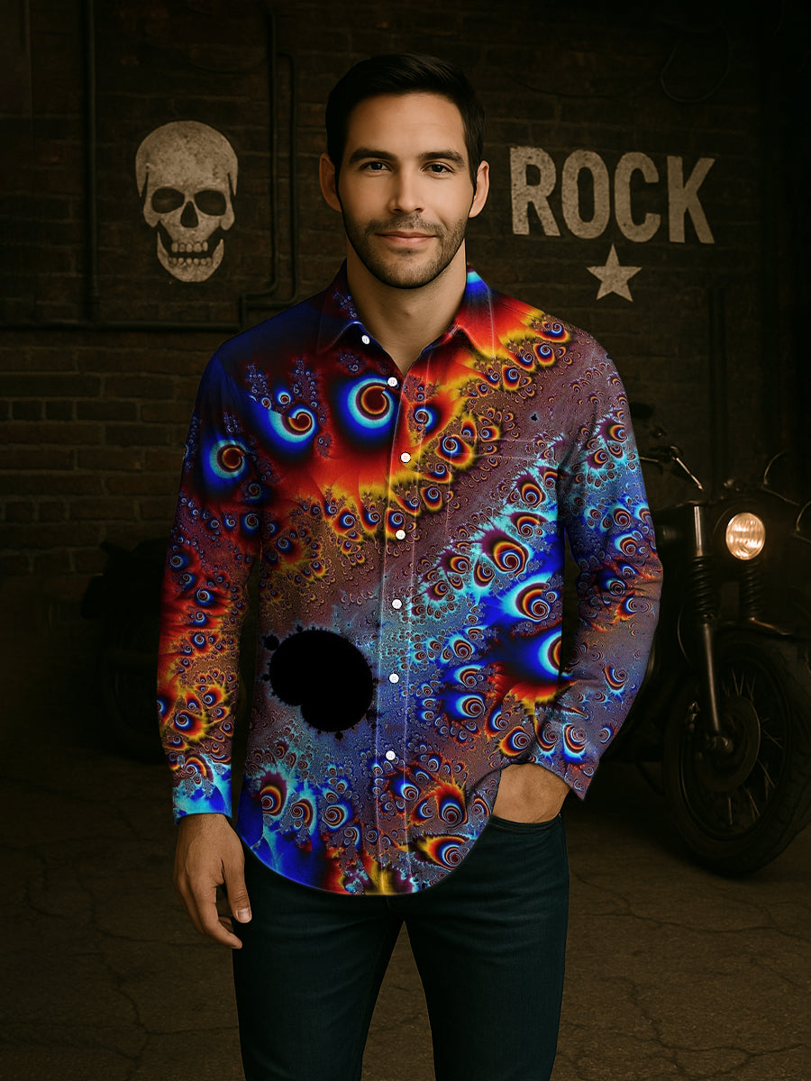 Unisexe Simple Rétro Mode Coloré Art Imprimer Revers Chemise de Poche à Manches Longues