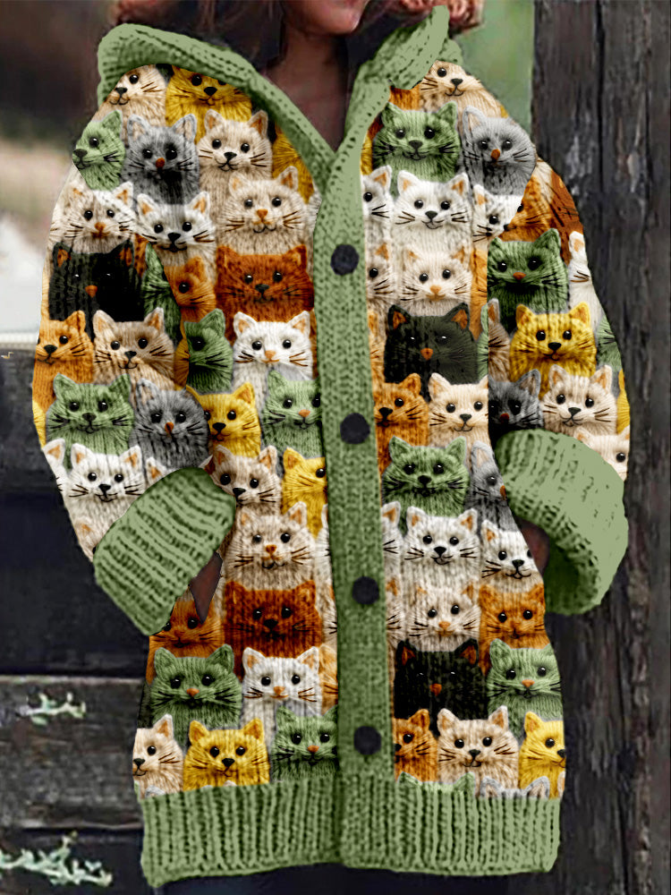 Rétro mignon Pet Print Button Up épais chandail à capuchon à manches longues Cardigan Green / S Veste