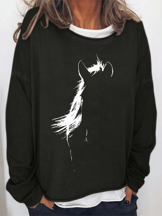 Horse Print Round Neck Casual Sweatshirt Black / S Pull