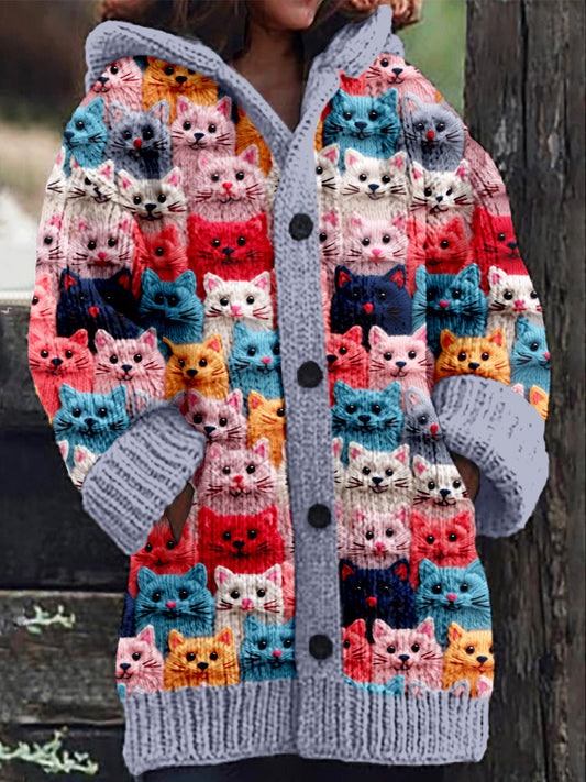 Rétro mignon Pet Print Button Up épais chandail à capuchon à manches longues Cardigan Gray / S Veste