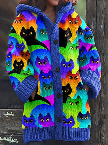 Rétro mignon Pet Print Button Up épais chandail à capuchon à manches longues Cardigan Dark blue / S Veste