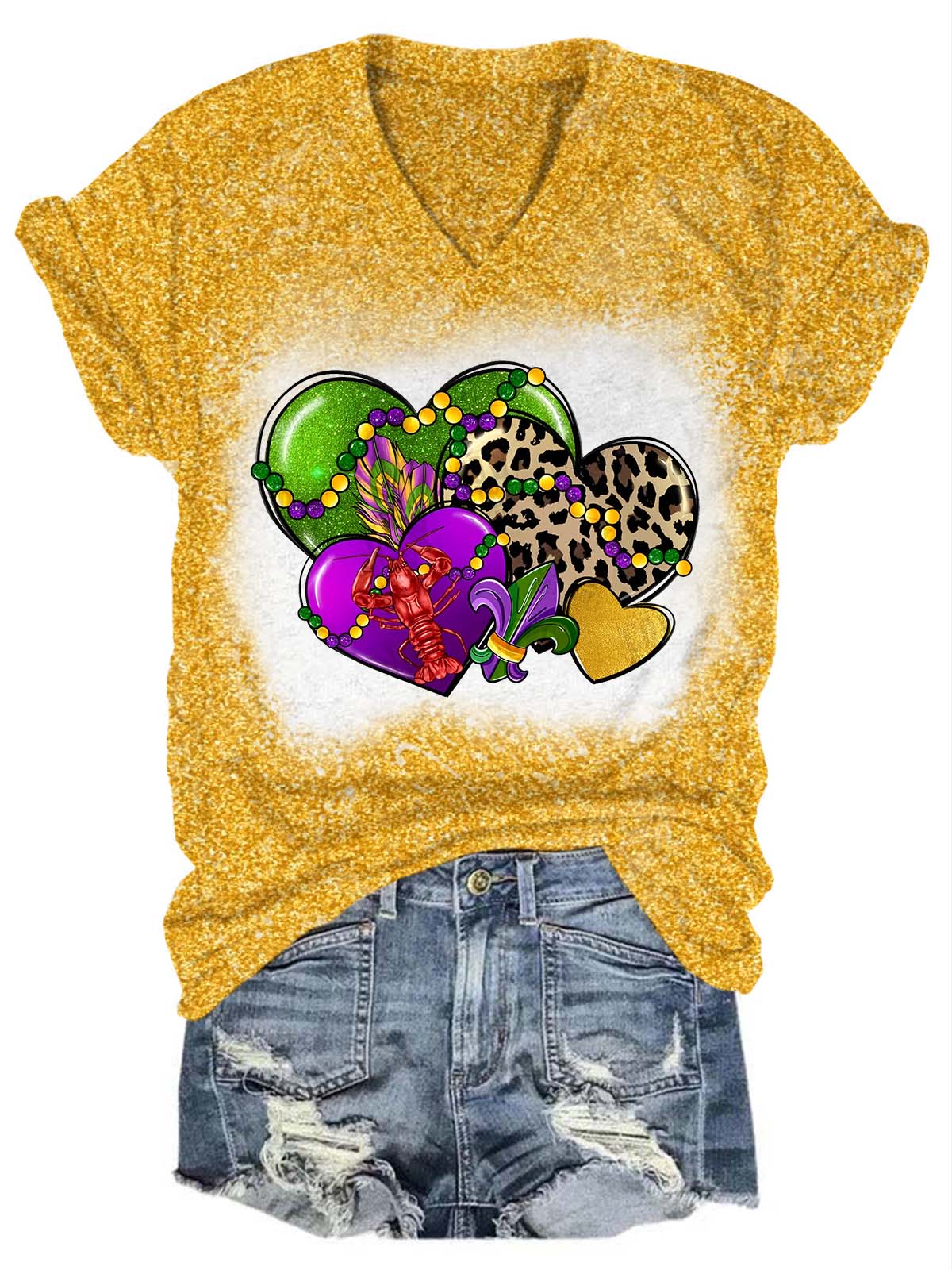 Heart Leopard Mardi Gras Glitter V-Neck T-Shirt Yellow / S Mardi Gras
