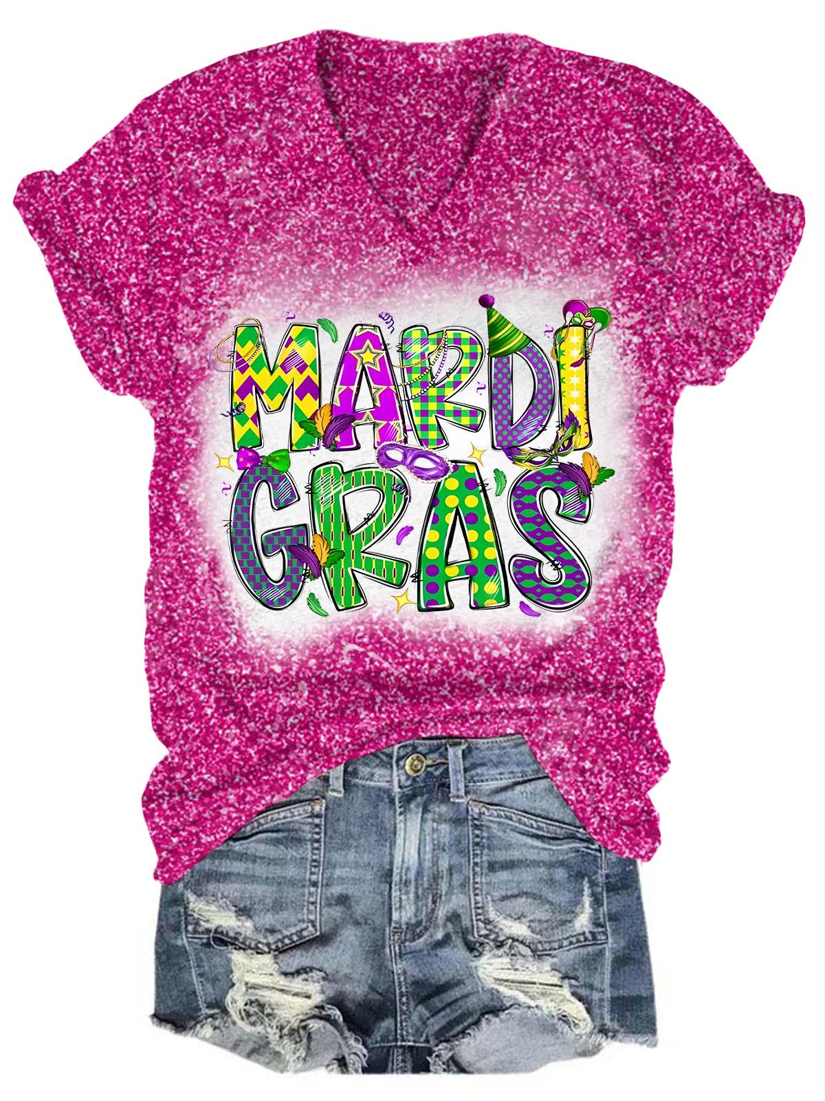 Happy Mardi Gras Glitter V-Neck Tee Rose red / S Mardi Gras