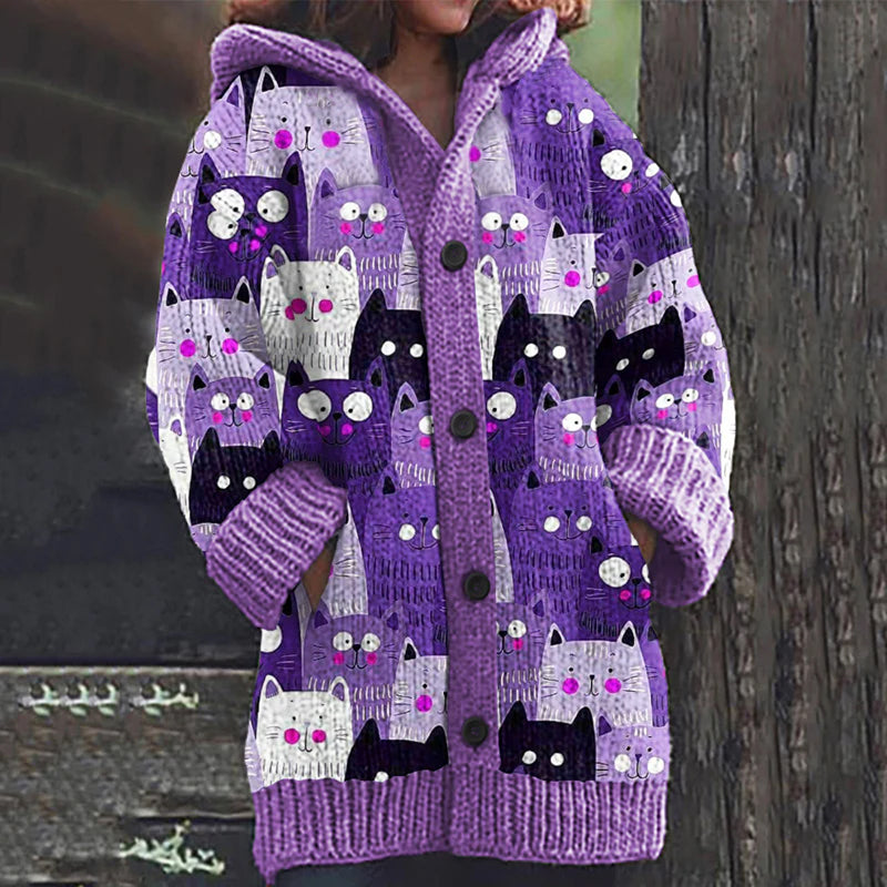 Rétro mignon Pet Print Button Up épais chandail à capuchon à manches longues Cardigan Purple / S Veste