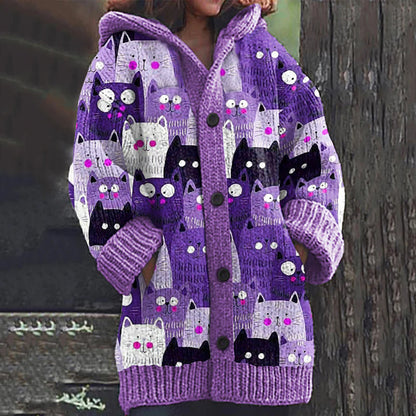Rétro mignon Pet Print Button Up épais chandail à capuchon à manches longues Cardigan Purple / S Veste