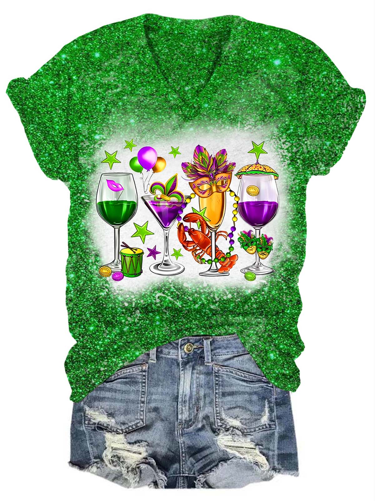 Fat Tuesday Mardi Gras Glitter V-Neck T-Shirt Green / S Mardi Gras