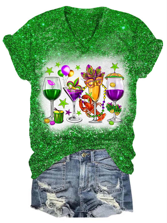 Fat Tuesday Mardi Gras Glitter V-Neck T-Shirt Green / S Mardi Gras