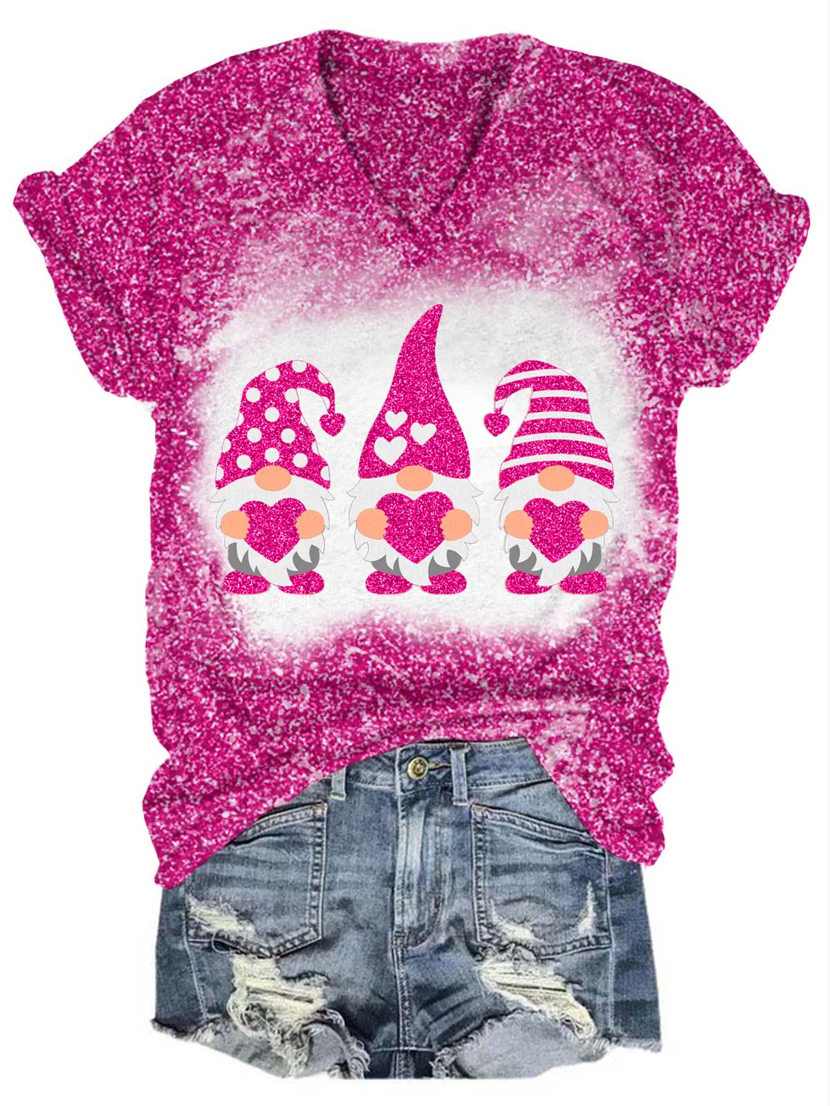 Valentine’s Glitter Gnome V-Neck T-Shirt Rose Red / S Saint Valentin