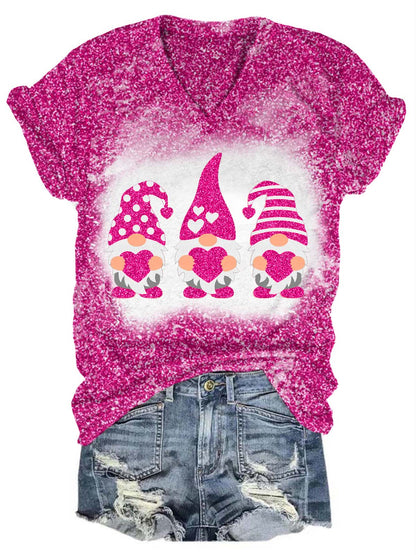 Valentine’s Glitter Gnome V-Neck T-Shirt Rose Red / S Saint Valentin