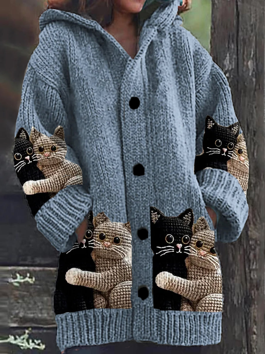 Mignon Chat Imprimer Bouton Épais À Manches Longues À Capuche Cardigan Pull D / S Veste
