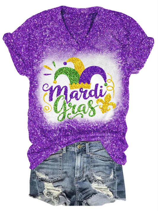 Mardi Gras Fat Tuesday Glitter V-Neck T-Shirt Purple / S Mardi Gras