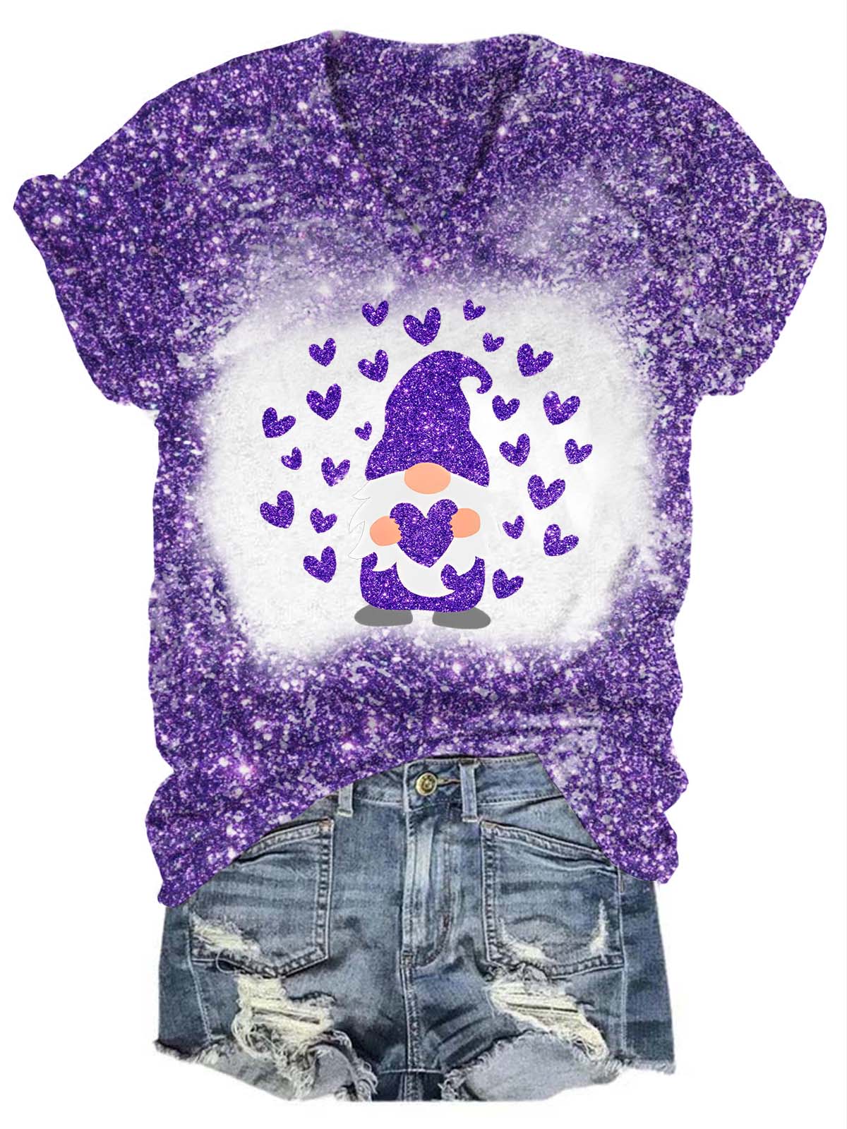 Glitter Gnome Heart V-Neck T-Shirt Purple / S Saint Valentin