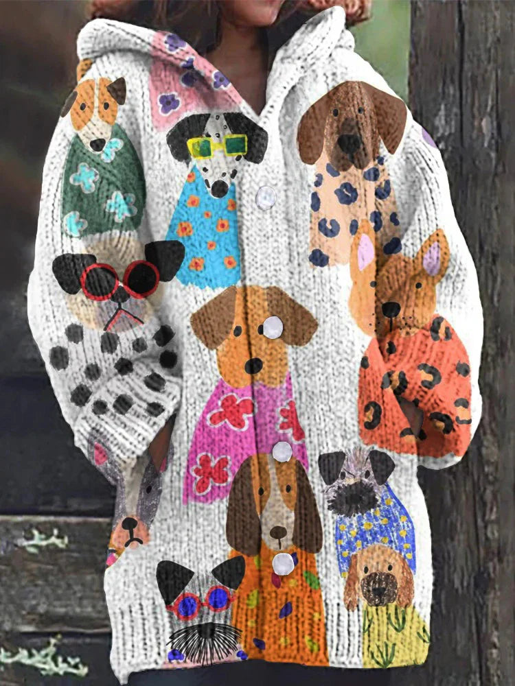 Rétro mignon Pet Print Button Up épais chandail à capuchon à manches longues Cardigan Veste