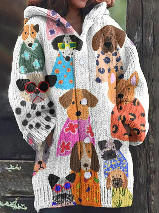 Rétro mignon Pet Print Button Up épais chandail à capuchon à manches longues Cardigan Veste