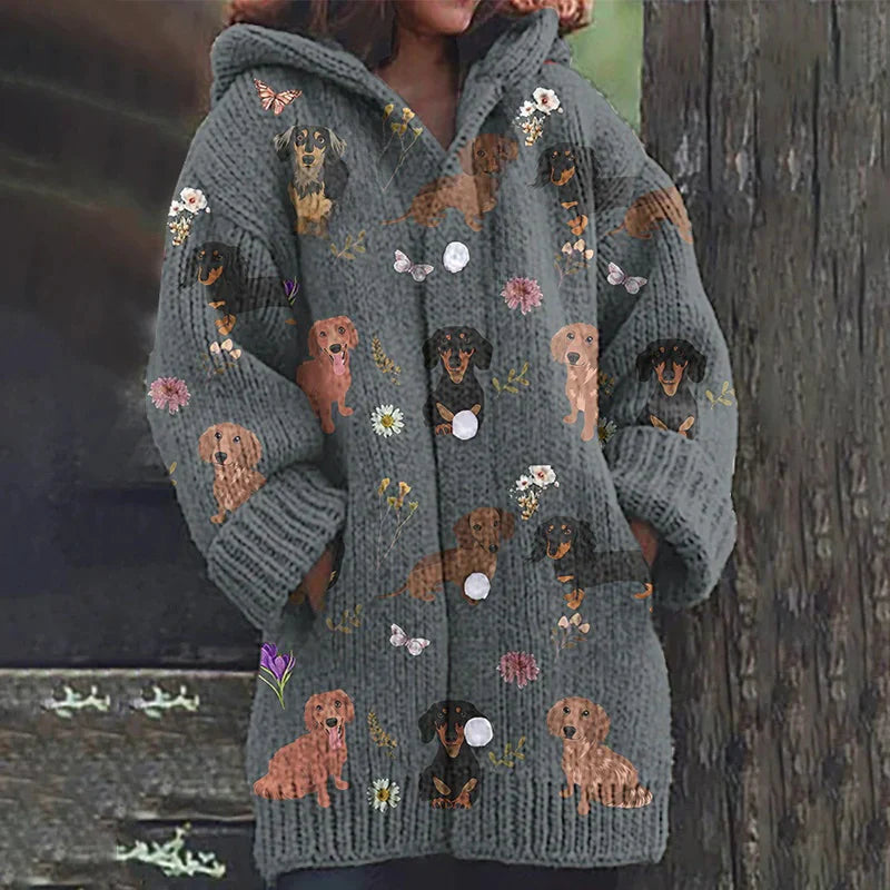Rétro mignon Pet Print Button Up épais chandail à capuchon à manches longues Cardigan Gray / M Veste