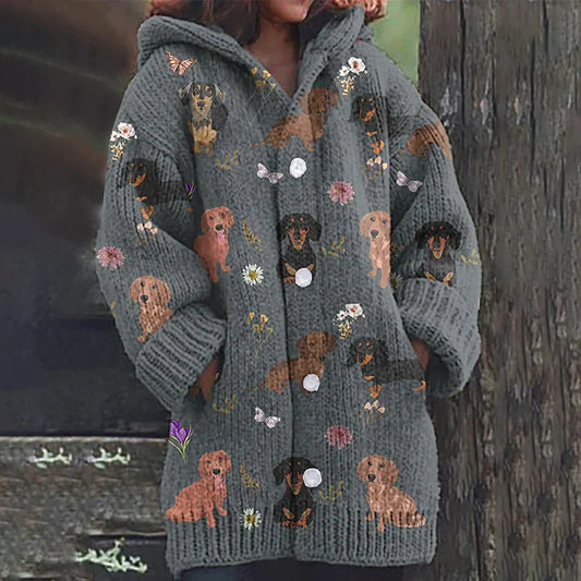 Rétro mignon Pet Print Button Up épais chandail à capuchon à manches longues Cardigan Gray / M Veste