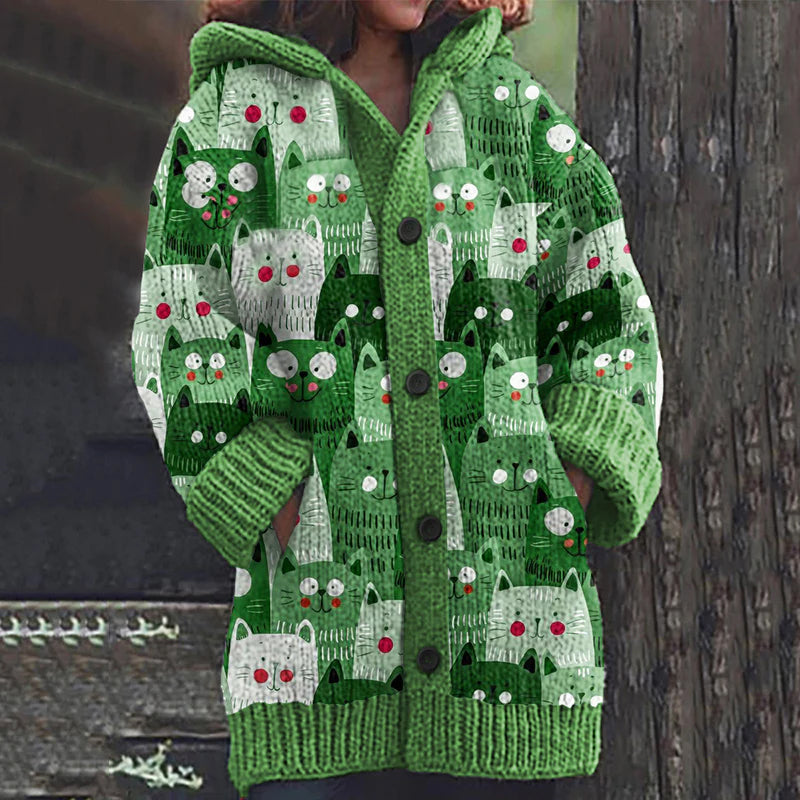Rétro mignon Pet Print Button Up épais chandail à capuchon à manches longues Cardigan Green / S Veste