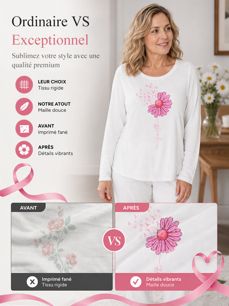 Femmes Rose Ruban Tournesol Foi Impression Sensibilisation Au Cancer Du Sein Soutien Haut À Manches Longues