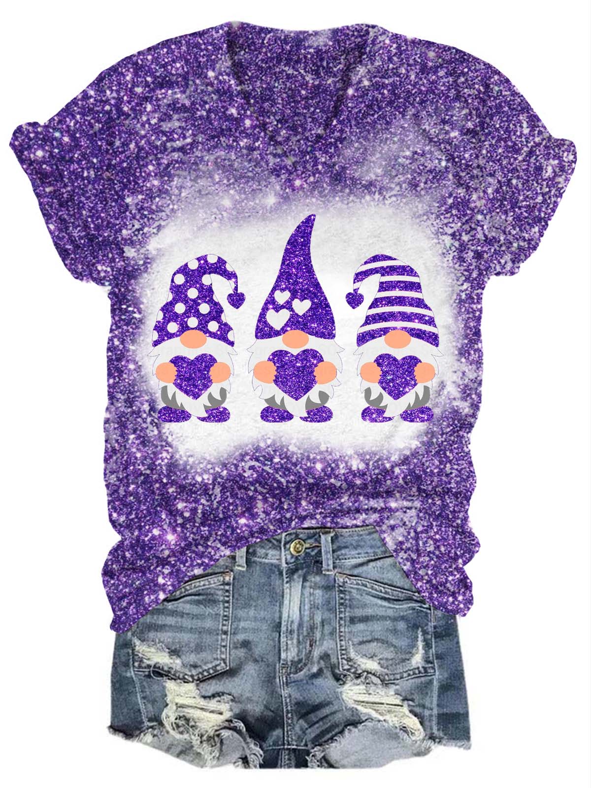Valentine’s Glitter Gnome V-Neck T-Shirt Purple / S Saint Valentin