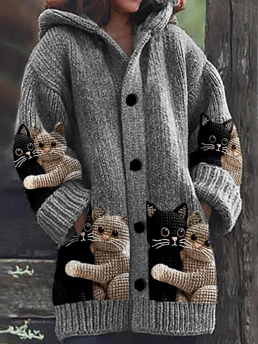 Mignon Chat Imprimer Bouton Épais À Manches Longues À Capuche Cardigan Pull B / S Veste