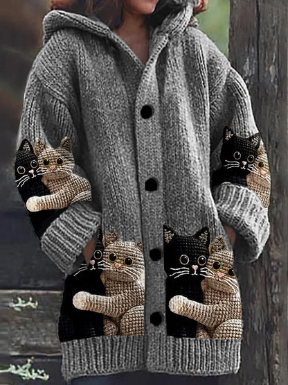 Mignon Chat Imprimer Bouton Épais À Manches Longues À Capuche Cardigan Pull B / S Veste