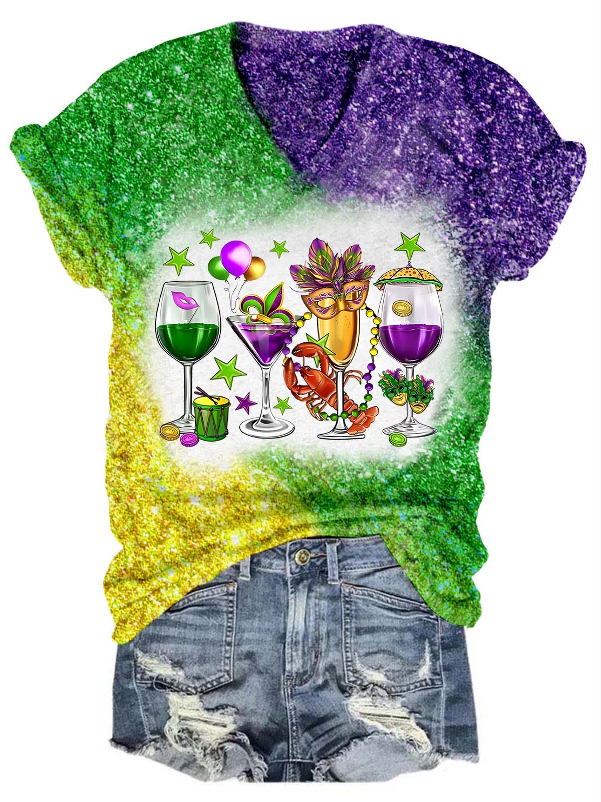 Fat Tuesday Mardi Gras Glitter V-Neck T-Shirt Multicolor / S Mardi Gras