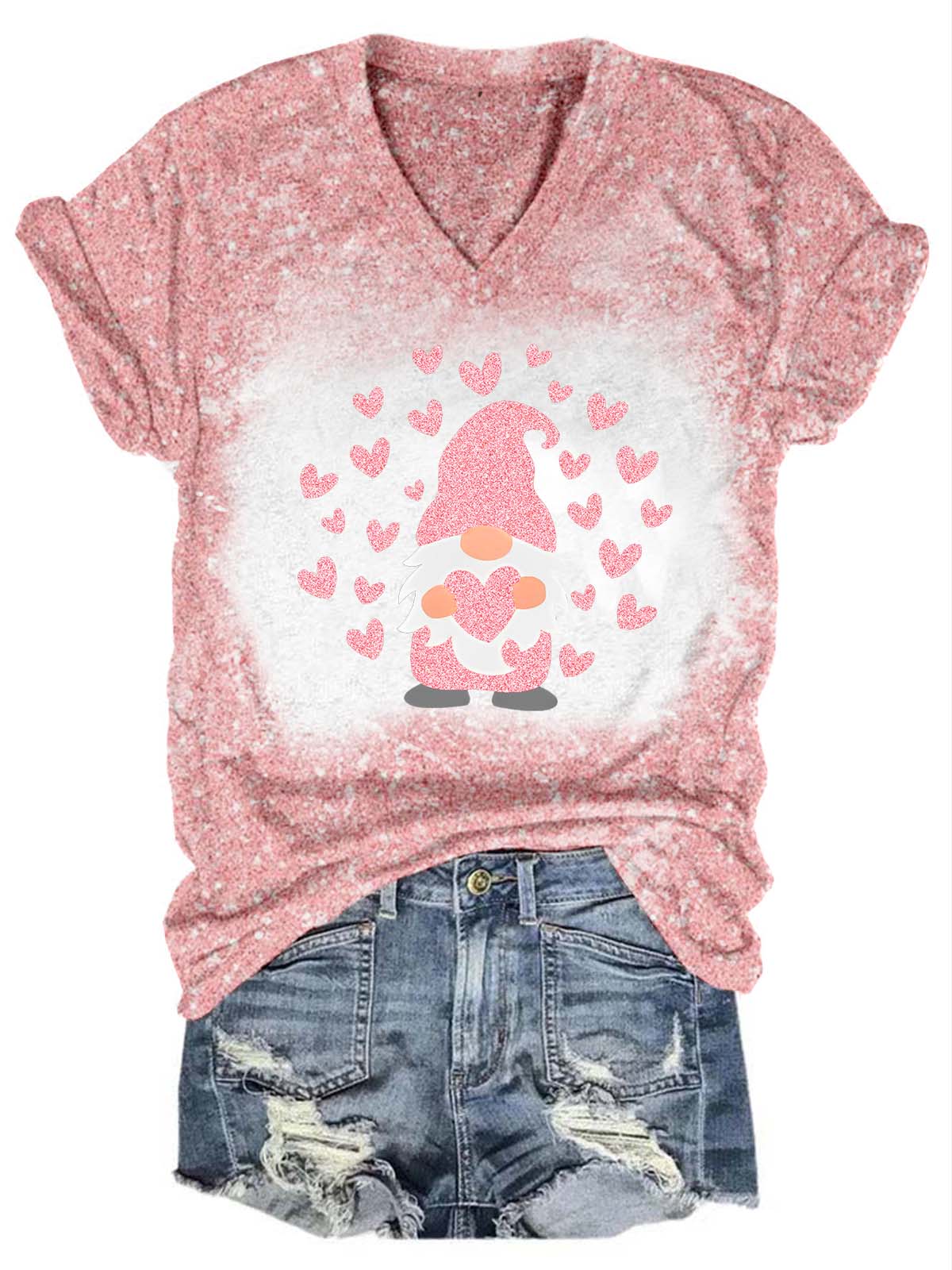 Glitter Gnome Heart V-Neck T-Shirt Pink / S Saint Valentin
