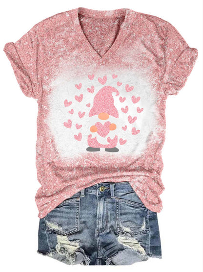 Glitter Gnome Heart V-Neck T-Shirt Pink / S Saint Valentin