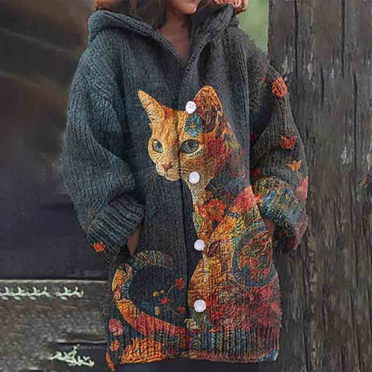 Rétro mignon Pet Print Button Up épais chandail à capuchon à manches longues Cardigan Navy blue / M Veste