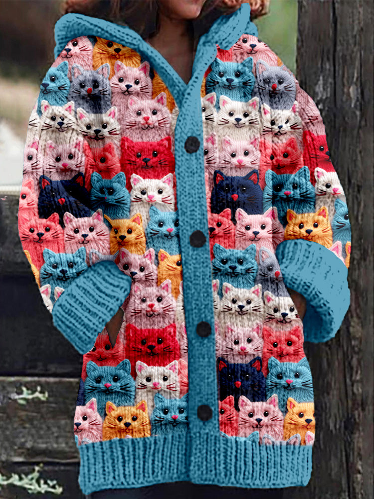 Rétro mignon Pet Print Button Up épais chandail à capuchon à manches longues Cardigan Blue / S Veste