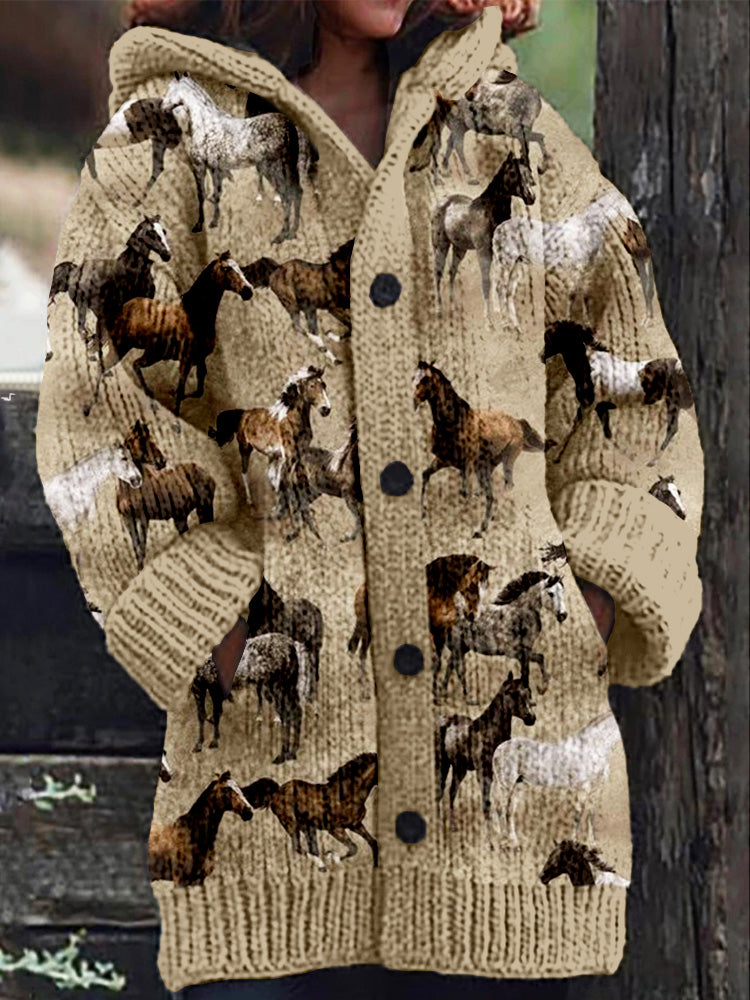 Rétro mignon Pet Print Button Up épais chandail à capuchon à manches longues Cardigan Khaki / S Veste
