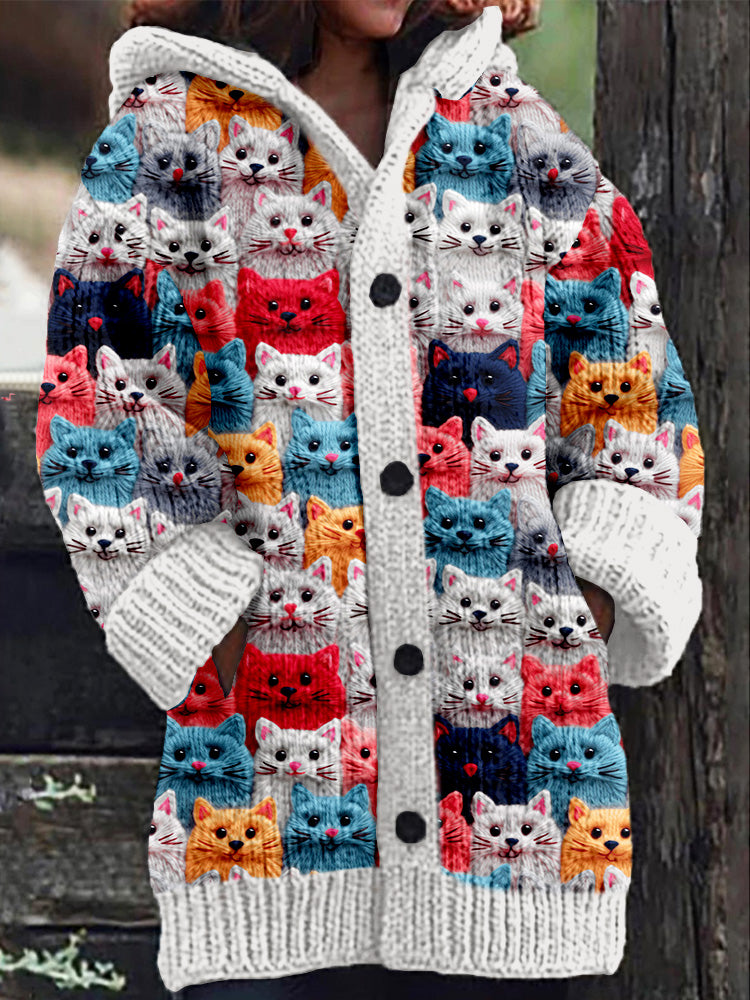 Rétro mignon Pet Print Button Up épais chandail à capuchon à manches longues Cardigan Light gray / S Veste