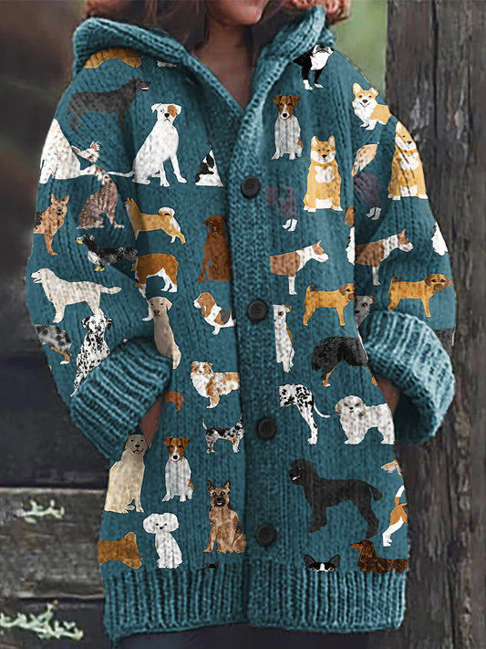 Rétro mignon Pet Print Button Up épais chandail à capuchon à manches longues Cardigan Veste