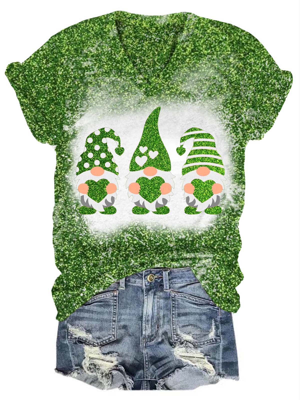 Valentine’s Glitter Gnome V-Neck T-Shirt Green / S Saint Valentin