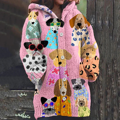 Rétro mignon Pet Print Button Up épais chandail à capuchon à manches longues Cardigan Pink / S Veste
