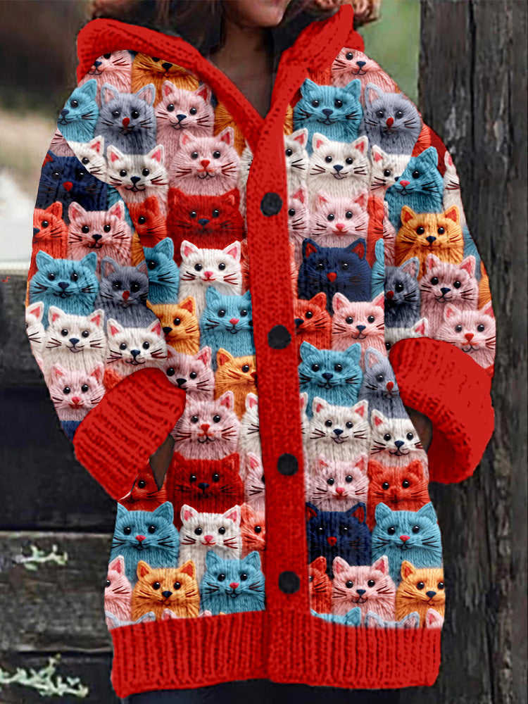 Rétro mignon Pet Print Button Up épais chandail à capuchon à manches longues Cardigan Red / S Veste