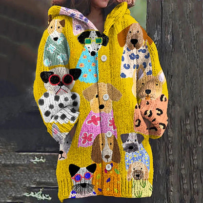 Rétro mignon Pet Print Button Up épais chandail à capuchon à manches longues Cardigan Yellow / S Veste