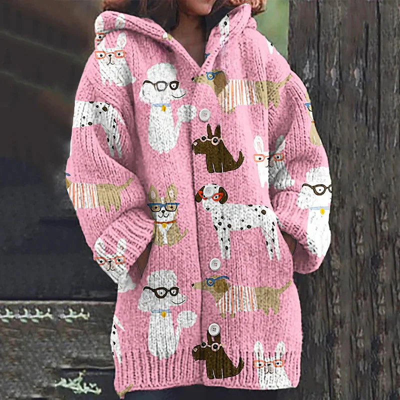 Rétro mignon Pet Print Button Up épais chandail à capuchon à manches longues Cardigan Pink / S Veste