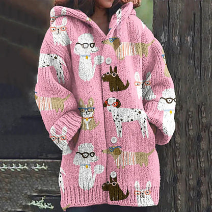 Rétro mignon Pet Print Button Up épais chandail à capuchon à manches longues Cardigan Pink / S Veste