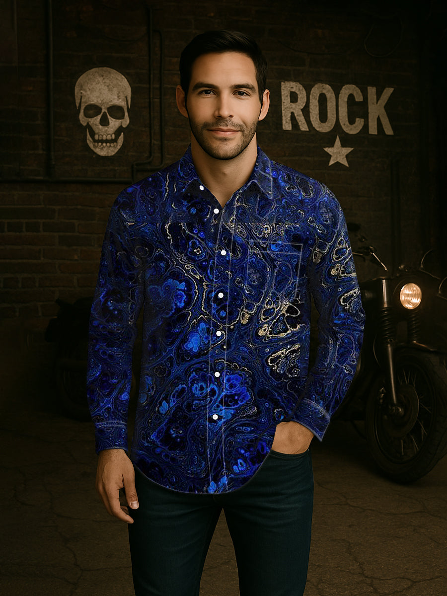 Unisexe Hommes Vintage Lapis Lazuli Or Texturé Abstraction Imprimer Casual Chemise À Manches Longues