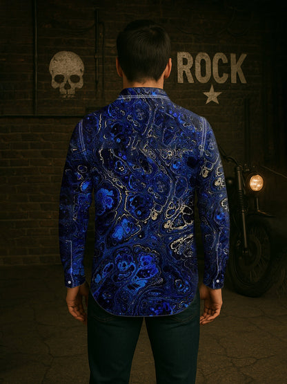 Unisexe Hommes Vintage Lapis Lazuli Or Texturé Abstraction Imprimer Casual Chemise À Manches Longues