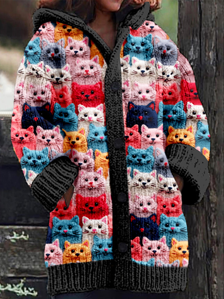Rétro mignon Pet Print Button Up épais chandail à capuchon à manches longues Cardigan Black / S Veste