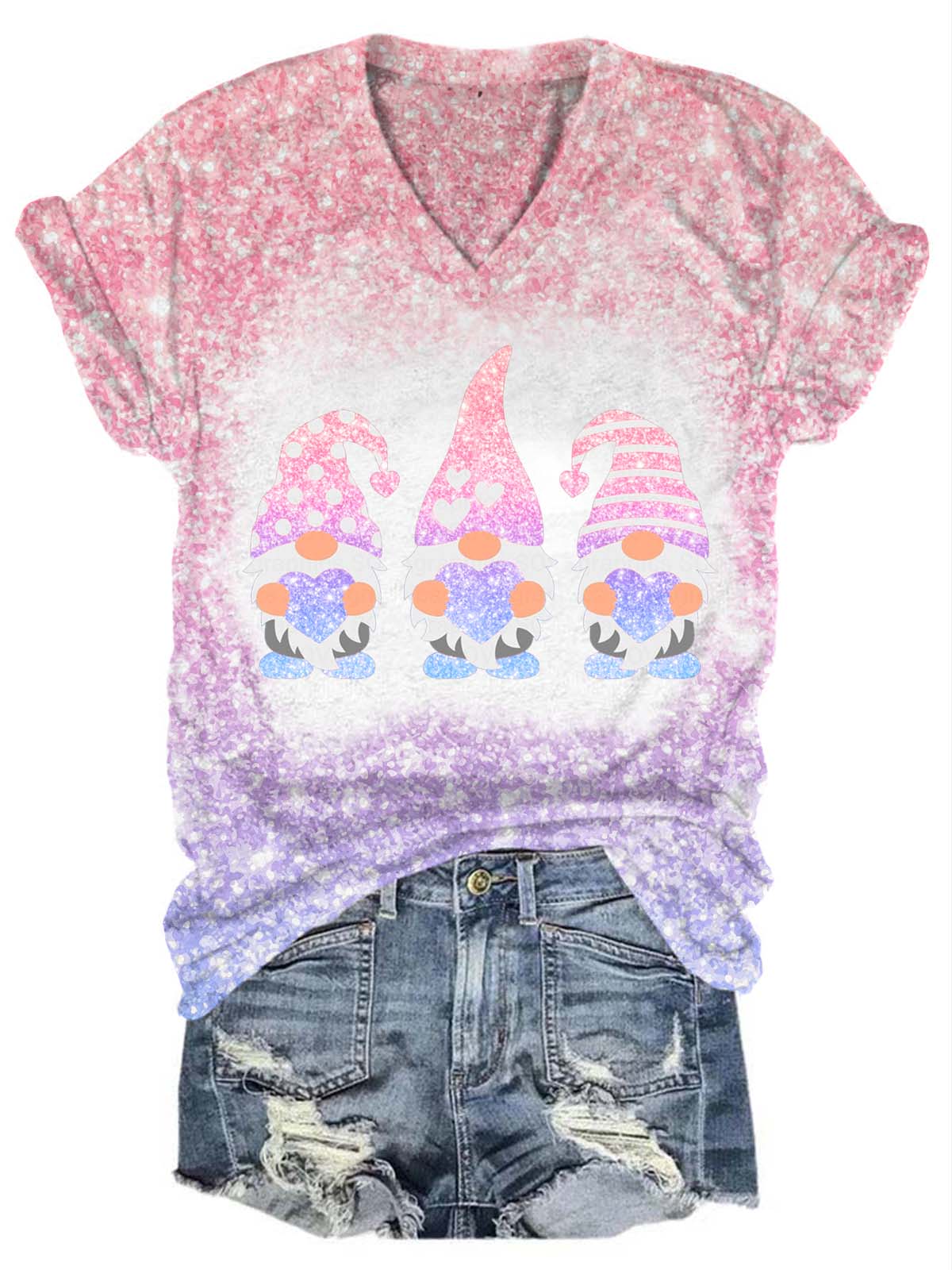 Valentine’s Glitter Gnome V-Neck T-Shirt Multicolor / S Saint Valentin