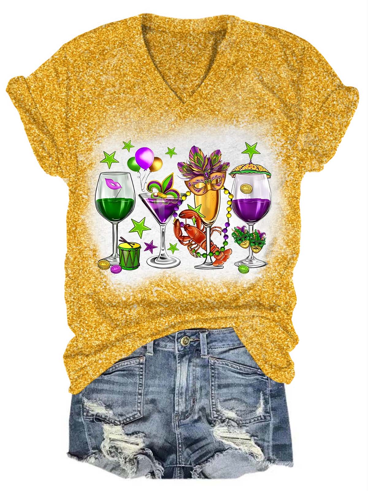 Fat Tuesday Mardi Gras Glitter V-Neck T-Shirt Yellow / S Mardi Gras